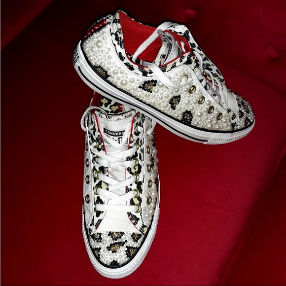 Converse All Star Double Up Custom Shoes Womens Sz 9 Leopard/White Beads Pearls - Picture 1 of 15